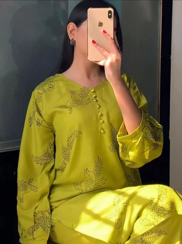 Elegant Sparrows Print Linen 2pc Stitched Dress for Women & Girls – Kurti Pajama Set - Image 4