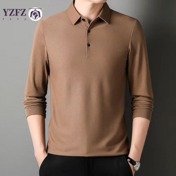 Men’s Business Casual Lapel Long Sleeve T-shirt – Comfortable All Season Pure Top - Image 4