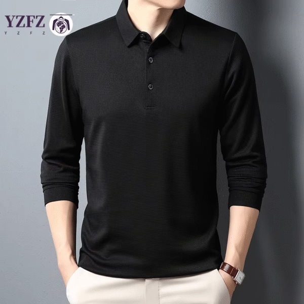 Men’s Business Casual Lapel Long Sleeve T-shirt – Comfortable All Season Pure Top - Image 3