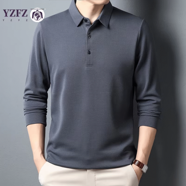 Men’s Business Casual Lapel Long Sleeve T-shirt – Comfortable All Season Pure Top - Image 2