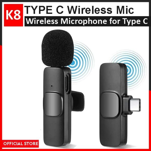 K8 Type C Wireless Microphone – 20m Range, Noise Reduction, Best for Mobile & Camera